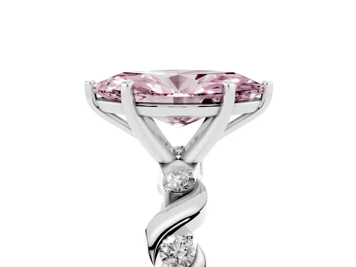 Fancy Pink Marquise Cut Diamond Solitaire Twisted Band with Round Accents and Prong Setting Silver