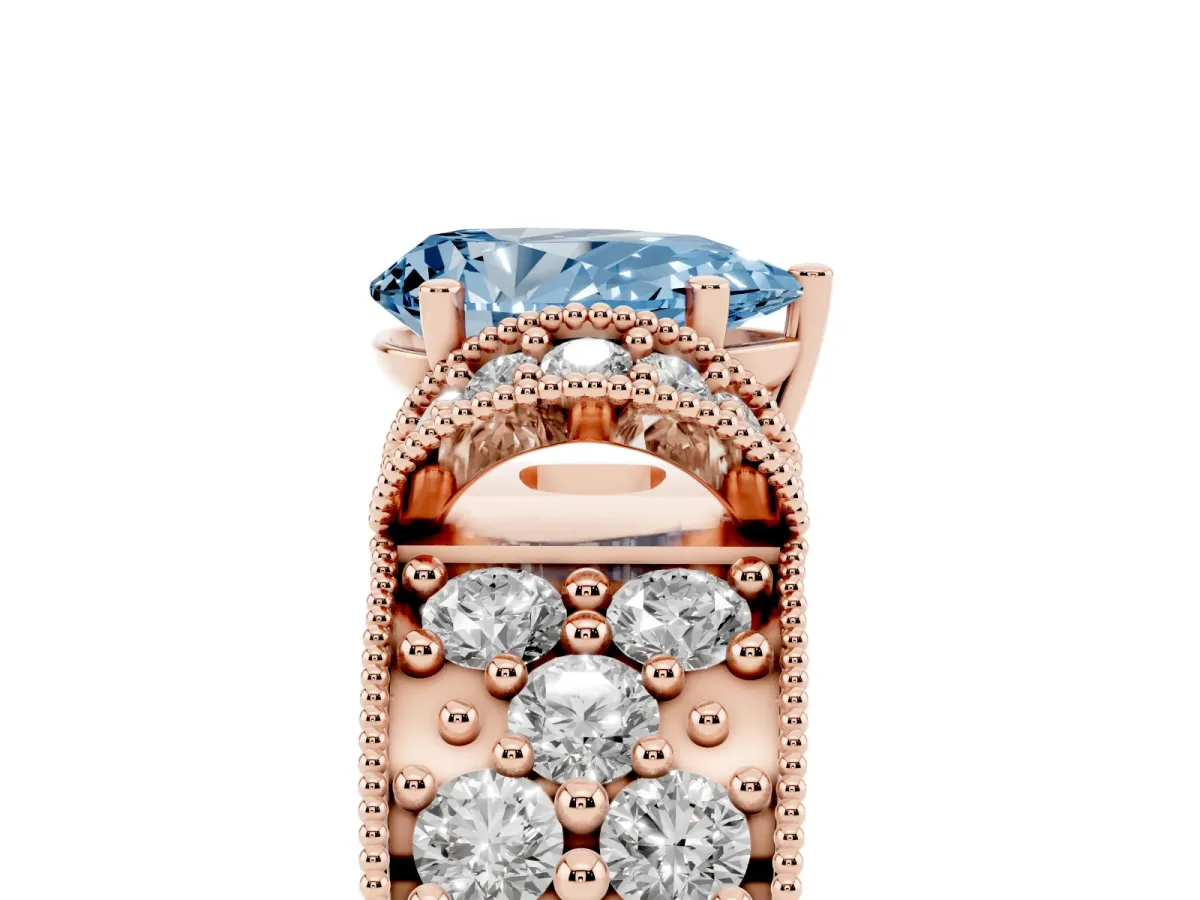 Fancy Blue Pear Cut Halo Pave Diamond Engagement Ring with Milgrain Detailing Rose gold