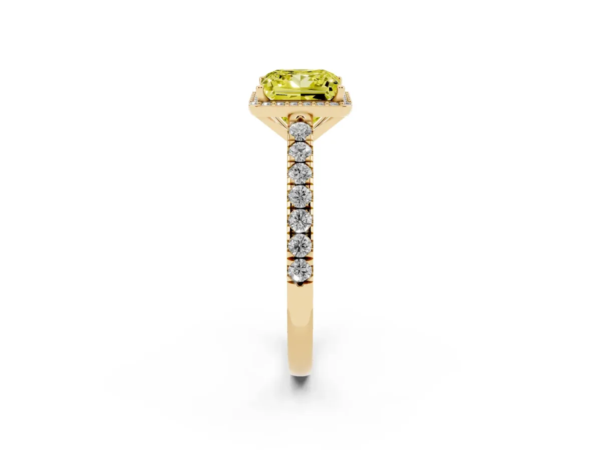 Fancy Yellow Princess Cut Cut Halo Diamond Engagement Ring with Pave Band and Four-Prong Setting Yellow gold