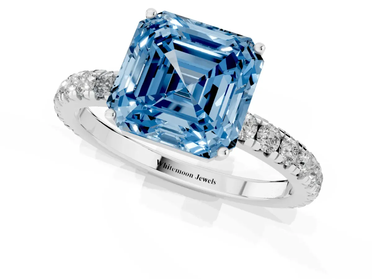 Fancy Blue Asscher Cut Diamond Pavé Solitaire Engagement Ring with Four-Prong Setting Platinum