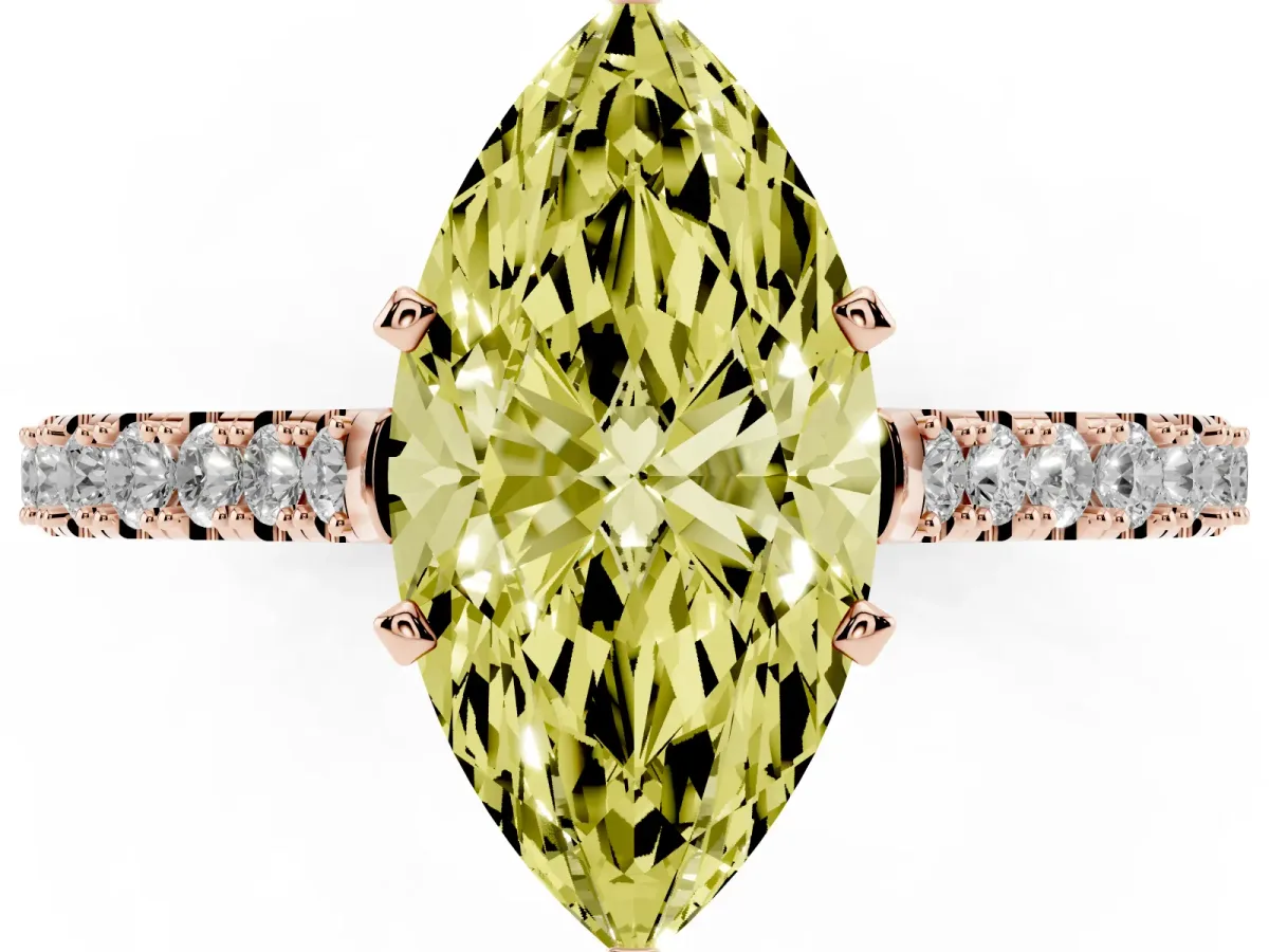 Fancy Yellow Marquise Cut Cut Solitaire Diamond Engagement Ring with Pave Band and Four-Prong Setting Rose gold