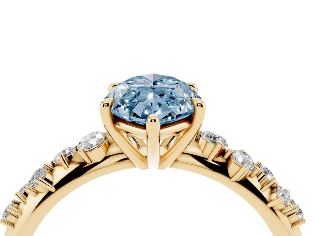 Fancy Blue Marquise Cut Diamond Cluster Side Stone Solitaire Ring with Prong Setting Yellow gold