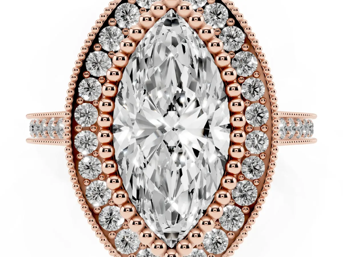 Marquise Cut Diamond Halo Ring with Milgrain Frame and Pavé Band Rose gold