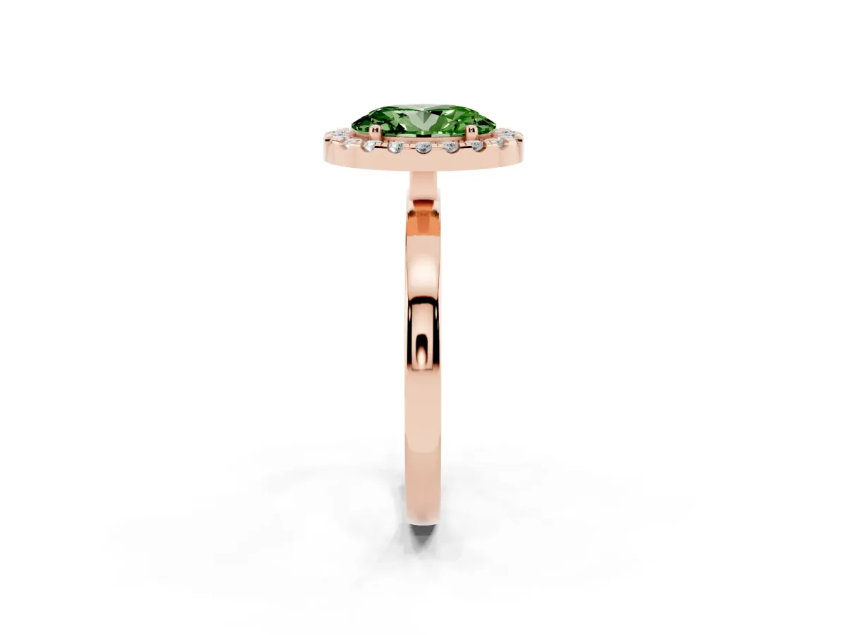 Fancy Green Oval Cut Halo Diamond Solitaire with Pavé Band and Four-Prong Setting Rose gold