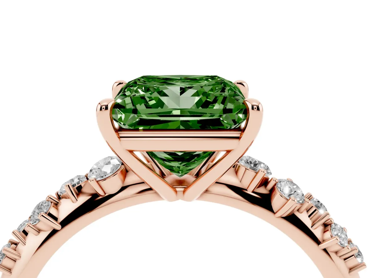 Fancy Green Princess Cut Diamond Cluster Side Stone Solitaire Ring with Prong Setting Rose gold