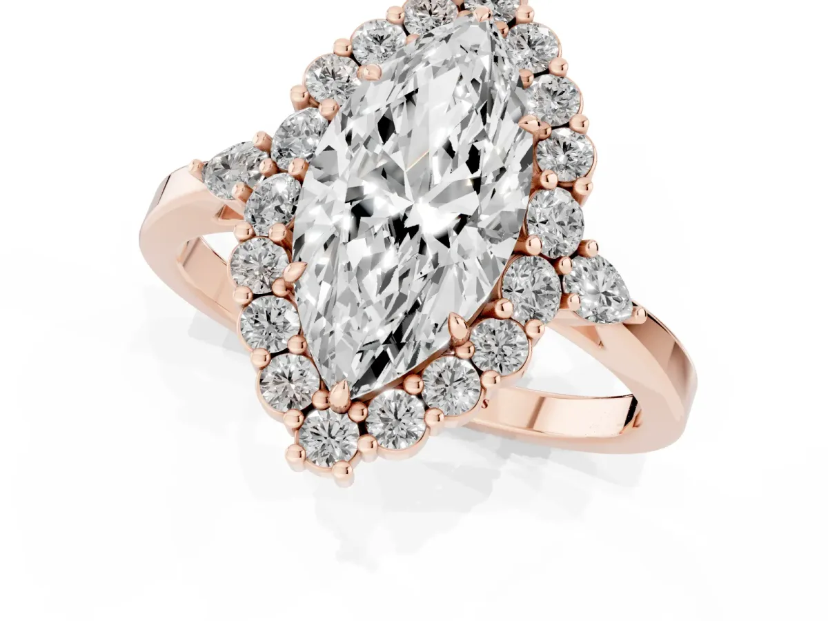Marquise Cut Diamond Halo Ring with Pear Side Stones and Prong Setting Rose gold