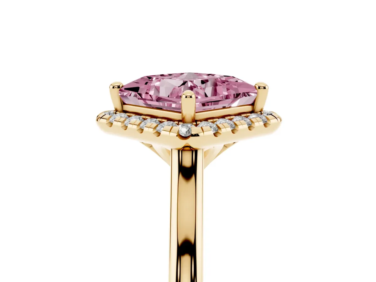 Fancy Pink Princess Cut Halo Round Diamond Solitaire Engagement Ring with Pave Band and Four-Prong Setting Yellow gold