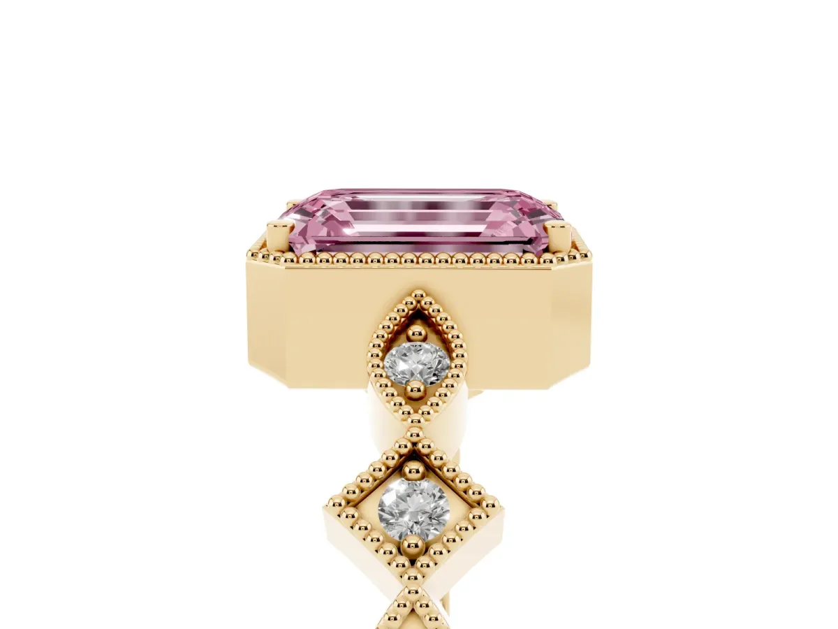 Fancy Pink Emerald Cut Milgrain Marquise Diamond Twist Band Ring Yellow gold