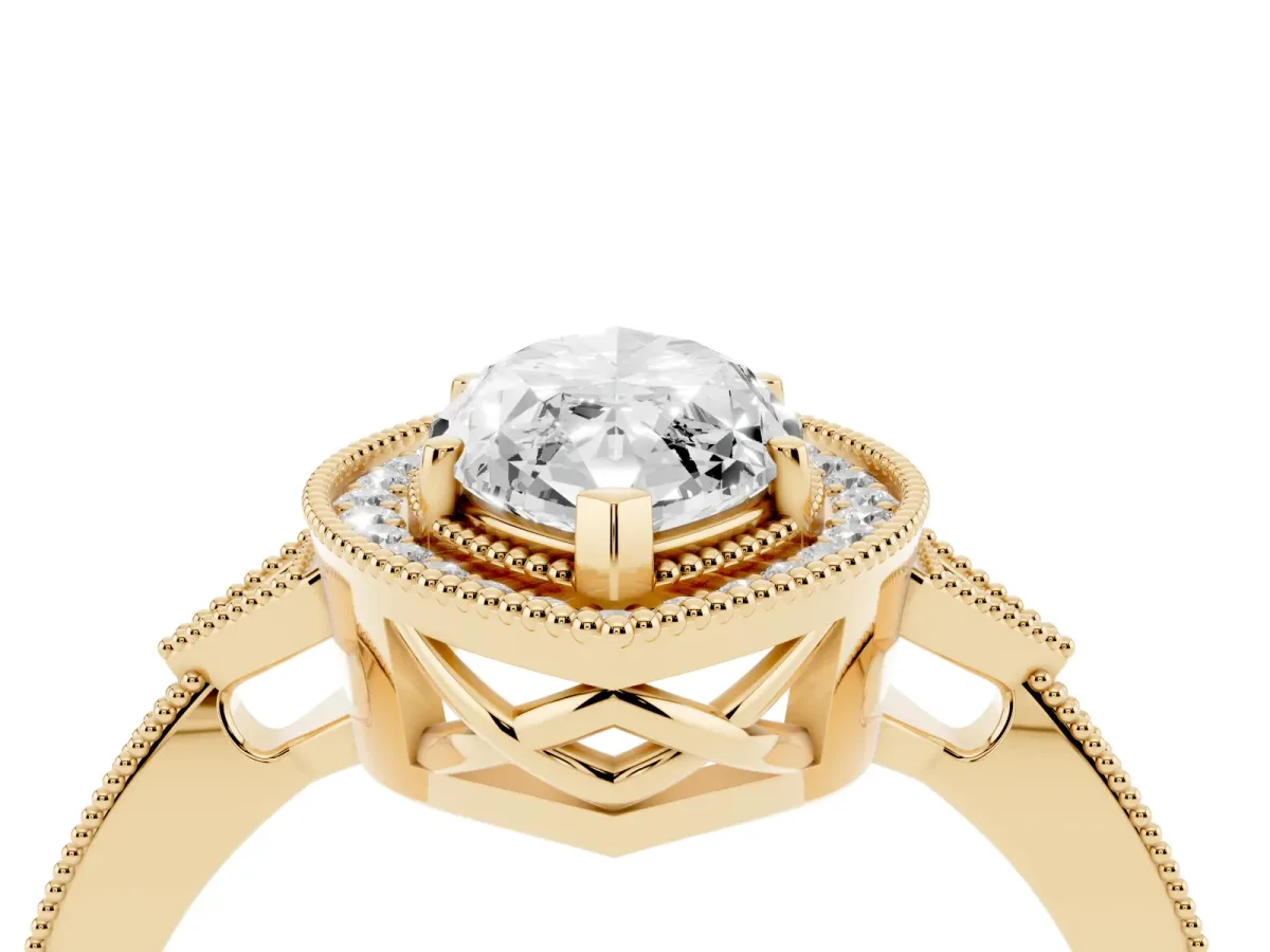 Marquise Cut Halo Round Diamond Milgrain Pave Engagement Ring Yellow gold