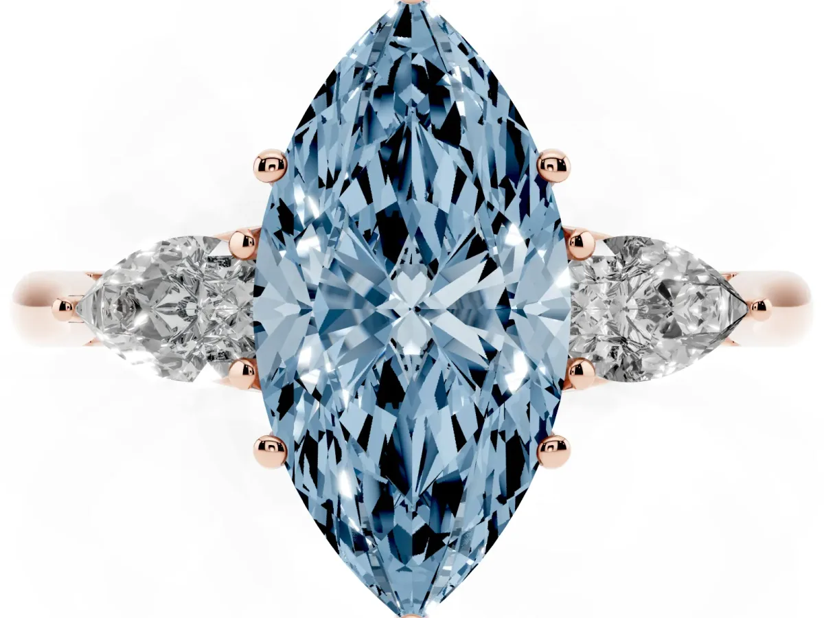 Fancy Blue Three-Stone Marquise Cut Brilliant Diamond Solitaire Ring with Tapered Band and Four-Prong Setting Rose gold