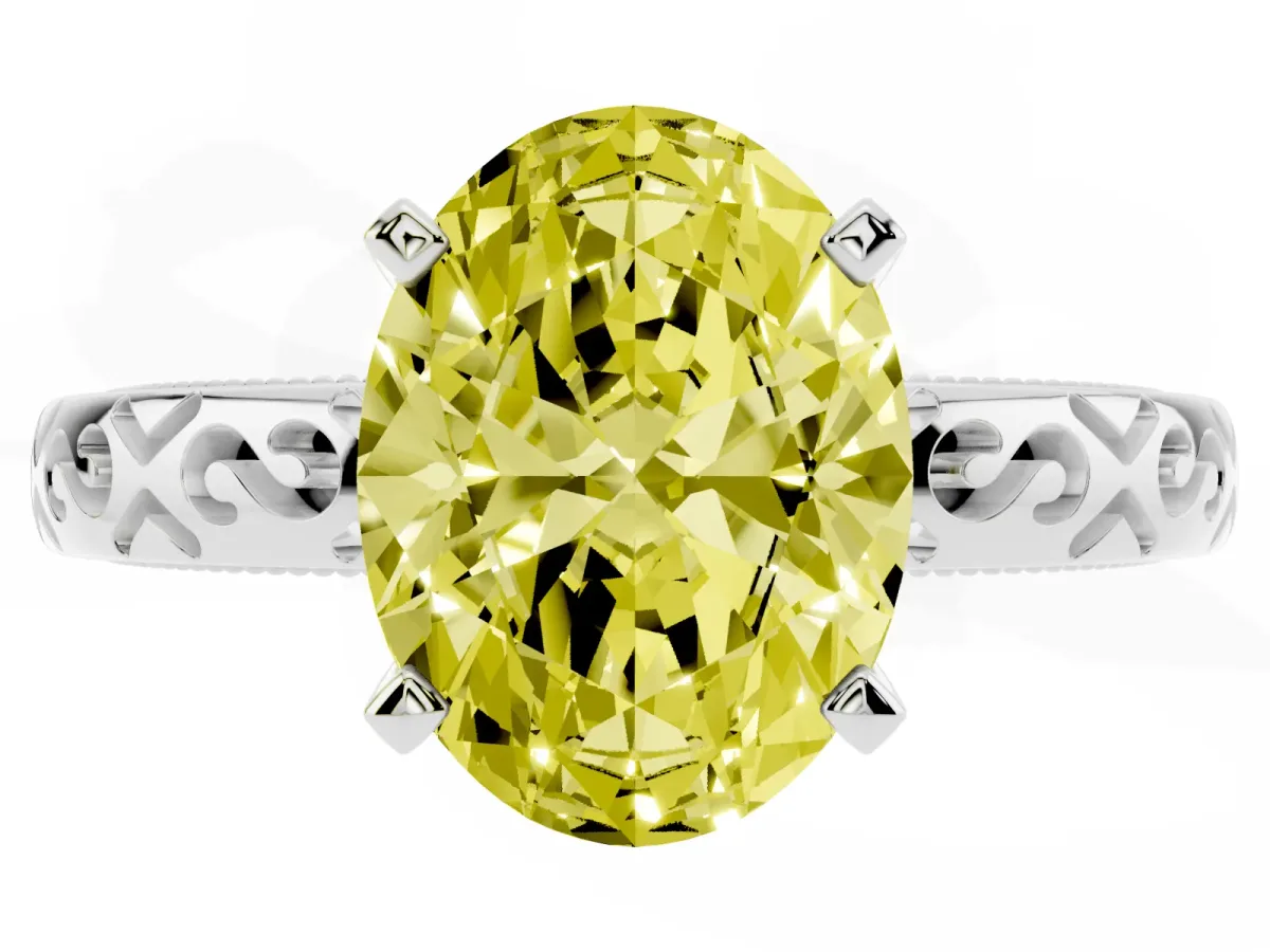Fancy Yellow Oval Cut Solitaire Engagement Ring with Scrollwork Band and Four-Prong Setting Silver
