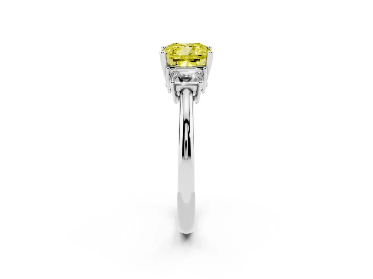 Fancy Yellow Cushion Cut Diamond Three-Stone Ring with Trapezoid Side Stones and Prong Setting Silver
