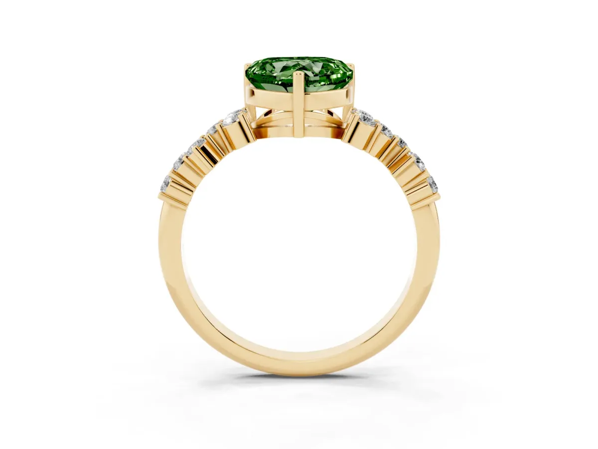 Fancy Green Heart Cut Diamond Scattered Round Accent Ring with Prong Setting Yellow gold