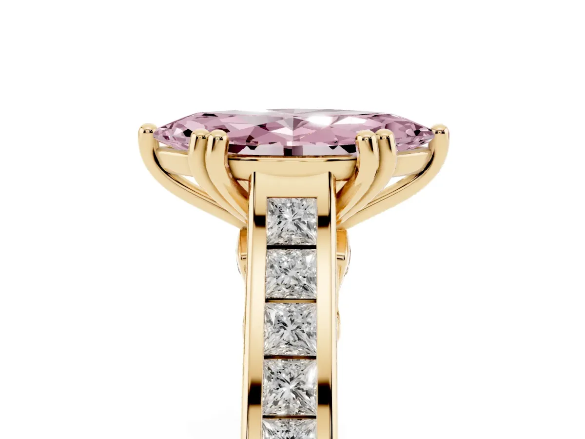Fancy Pink Marquise Cut Cut Channel Set Solitaire Engagement Ring with Prong Setting Yellow gold