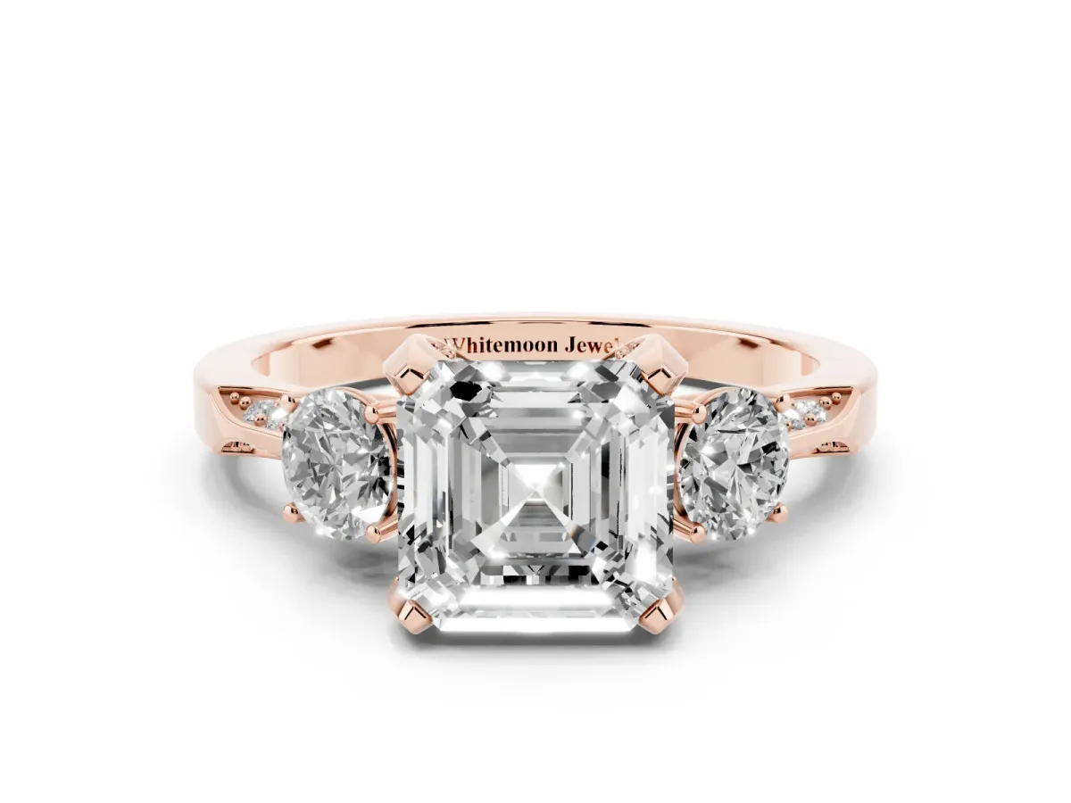 Asscher Cut Brilliant Three-Stone Diamond Ring with Pavé Band and Four-Prong Setting Rose gold