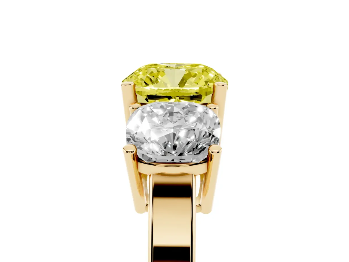 Fancy Yellow Three-Stone Cushion Cut Cut Diamond Engagement Ring with Flat Band and Four-Prong Setting Yellow gold