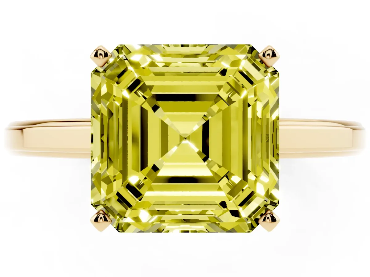 Fancy Yellow Asscher Cut Solitaire Diamond Ring with Four-Prong Setting and Classic Band Yellow gold