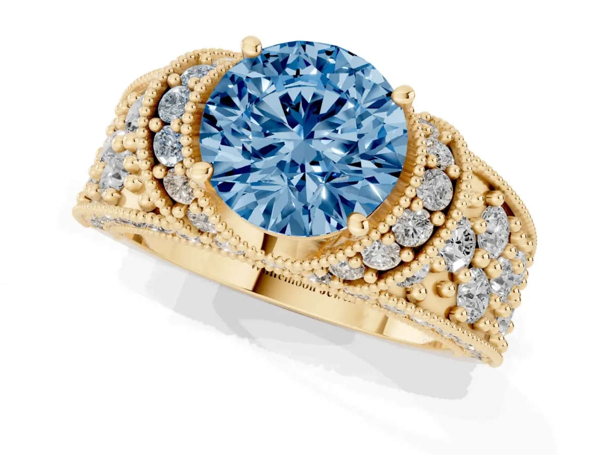 Fancy Blue Round Cut Halo Pave Diamond Engagement Ring with Milgrain Detailing Yellow gold