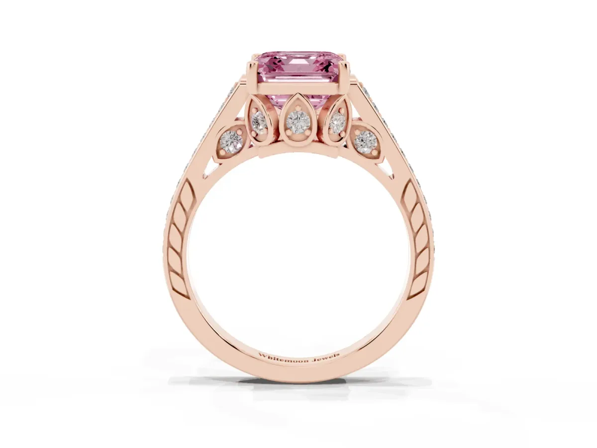 Fancy Pink Asscher Cut Cut Cathedral Pave Diamond Engagement Ring with Six-Prong Setting Rose gold