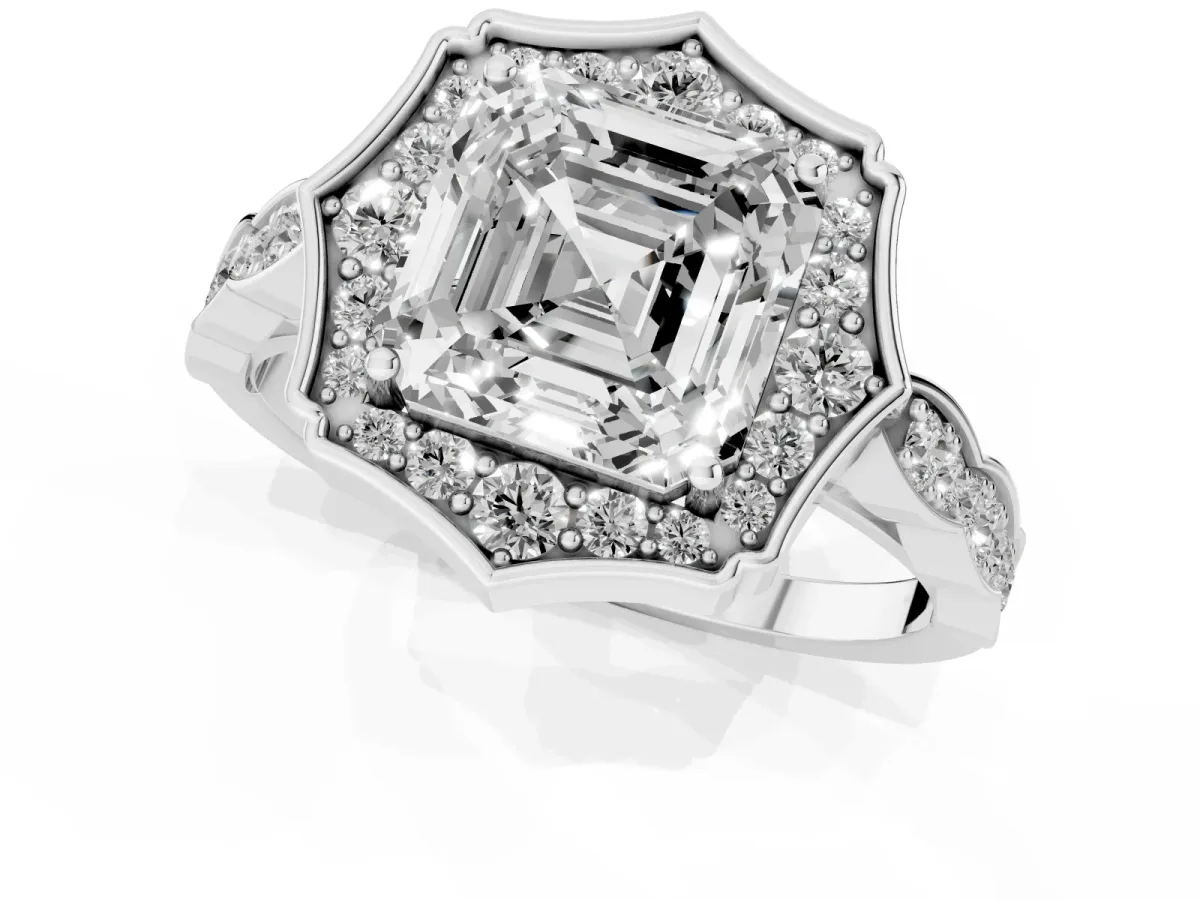 Asscher Cut Halo Diamond Engagement Ring with Milgrain Band and Four-Prong Setting Silver