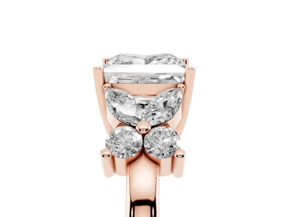 Princess Cut Diamond Floral Cluster Ring with Solitaire Band and Prong Setting Rose gold