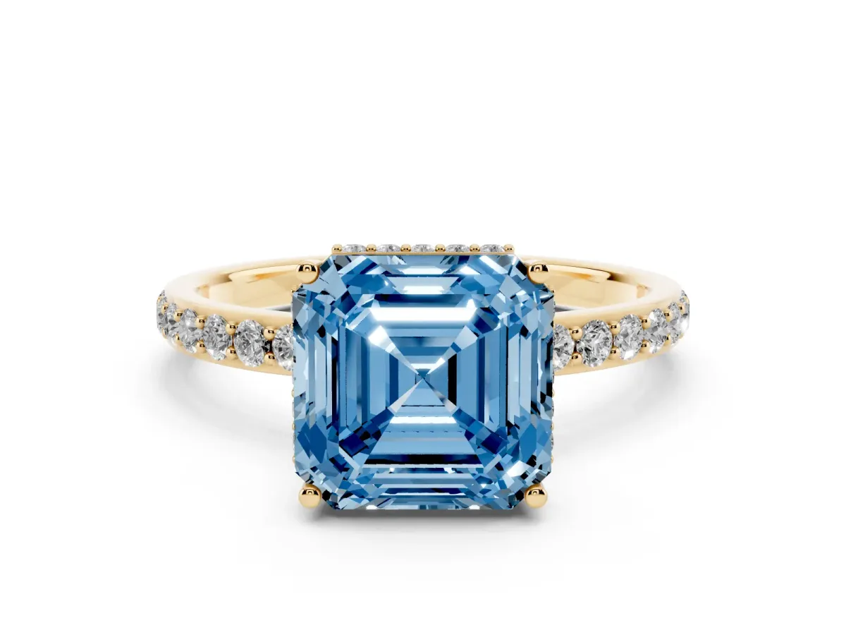 Fancy Blue Asscher Cut Diamond Solitaire Ring with Pavé Band and Hidden Halo Yellow gold