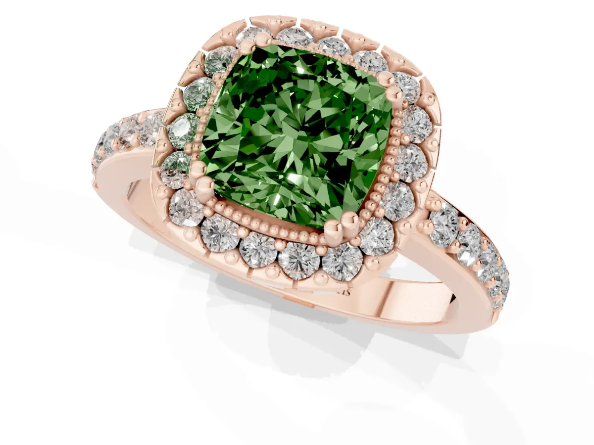 Fancy Green Cushion Cut Diamond Halo Ring with Pavé Band and Prong Setting Rose gold
