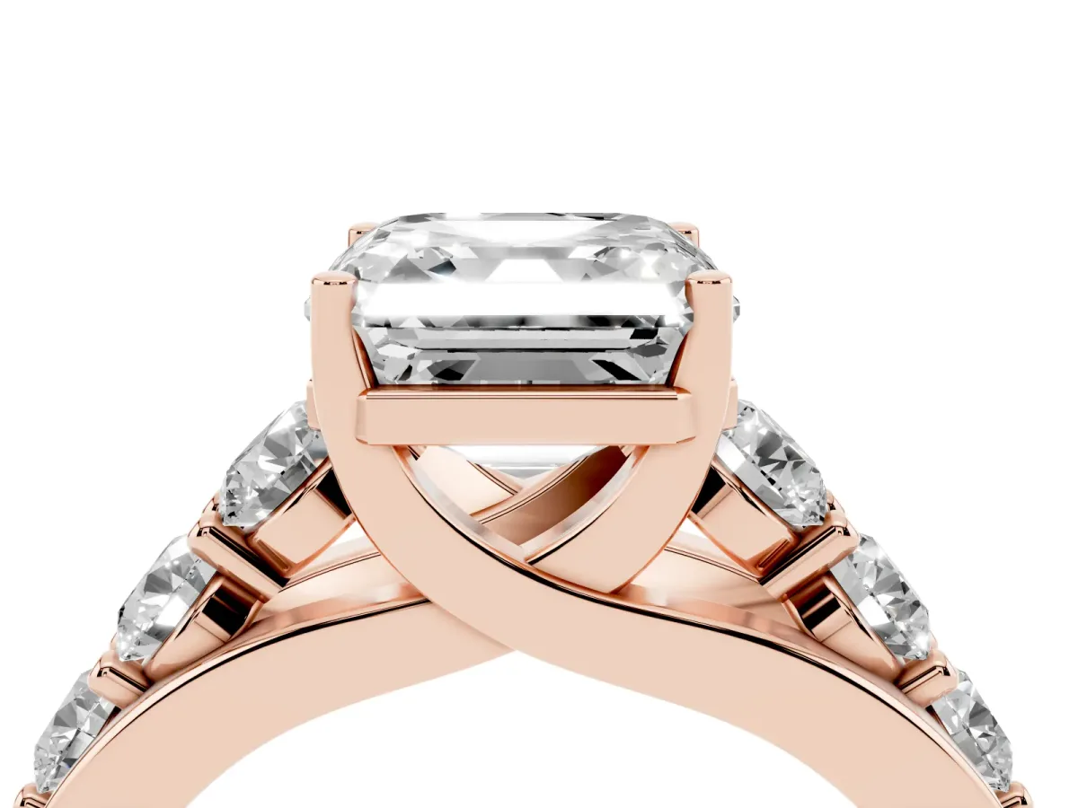 Asscher Cut Diamond Engagement Ring with Pavé Band and Four-Prong Setting Rose gold