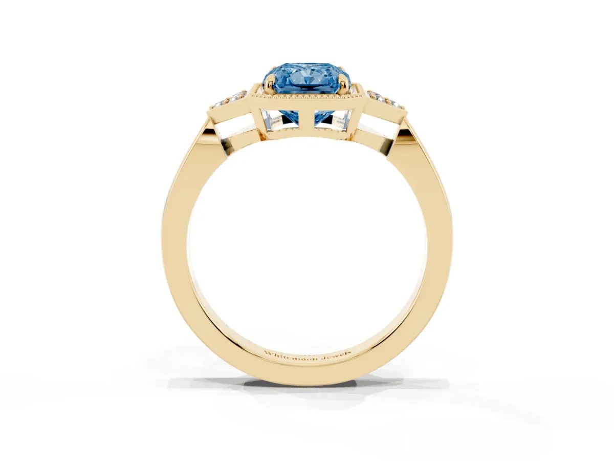 Fancy Blue Hexagonal Halo Radiant Cut Diamond Solitaire with Pavé Band and Four-Prong Setting Yellow gold