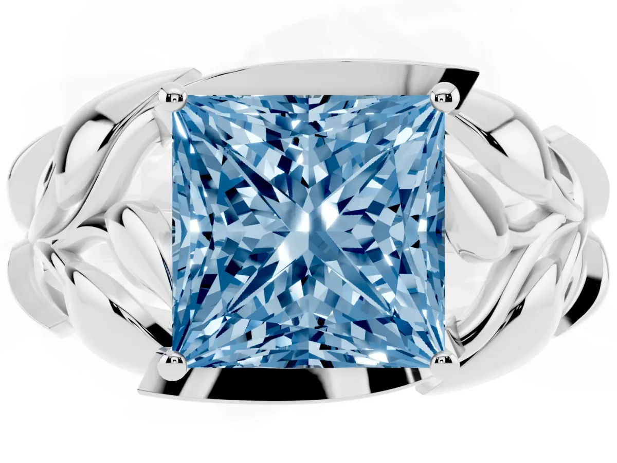 Fancy Blue Princess Cut Diamond Leaf-Inspired Engagement Ring with Round Accents and Prong Setting White gold