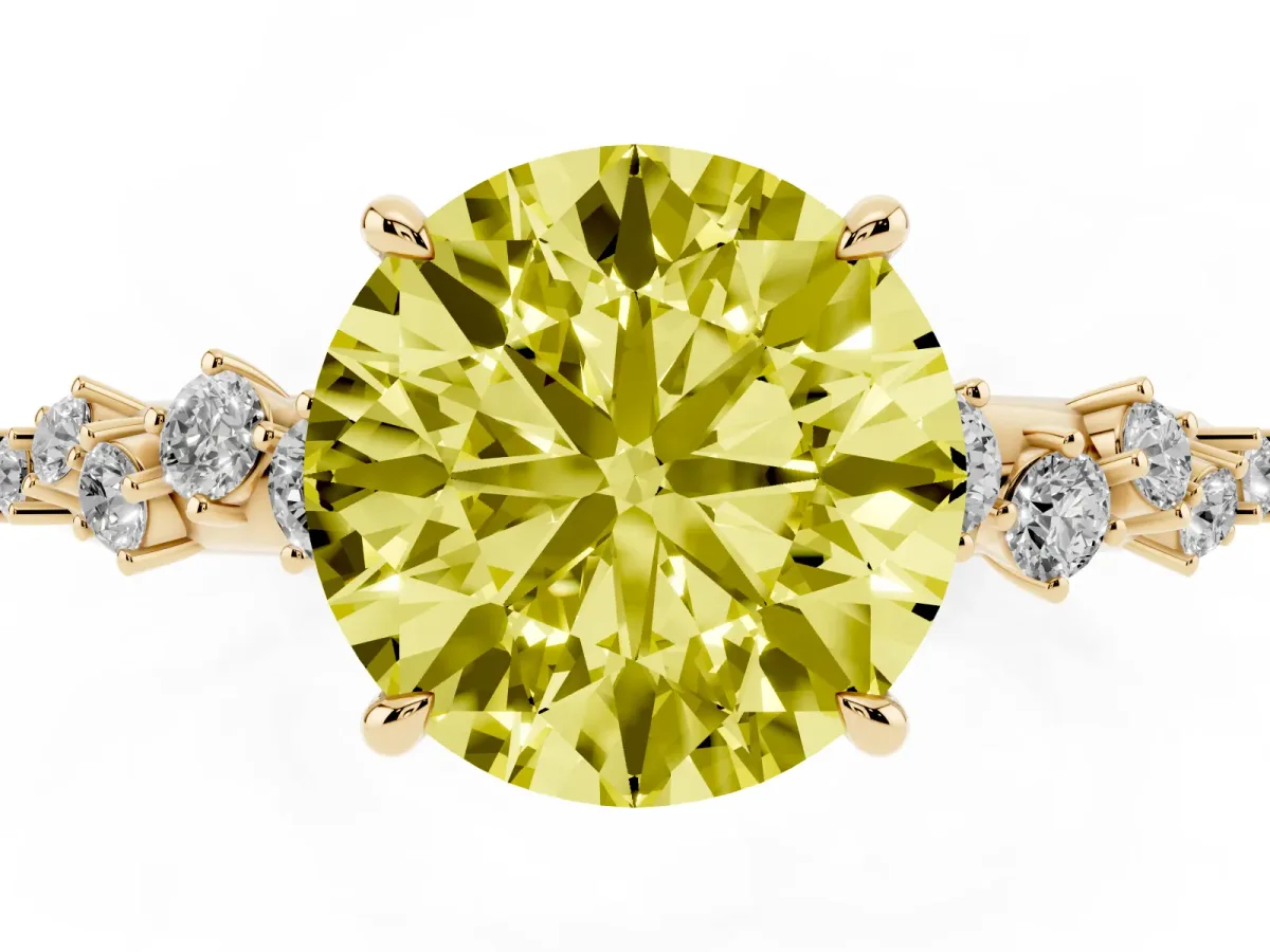 Fancy Yellow Round Cut Diamond Cluster Side Stone Solitaire Ring with Prong Setting Yellow gold