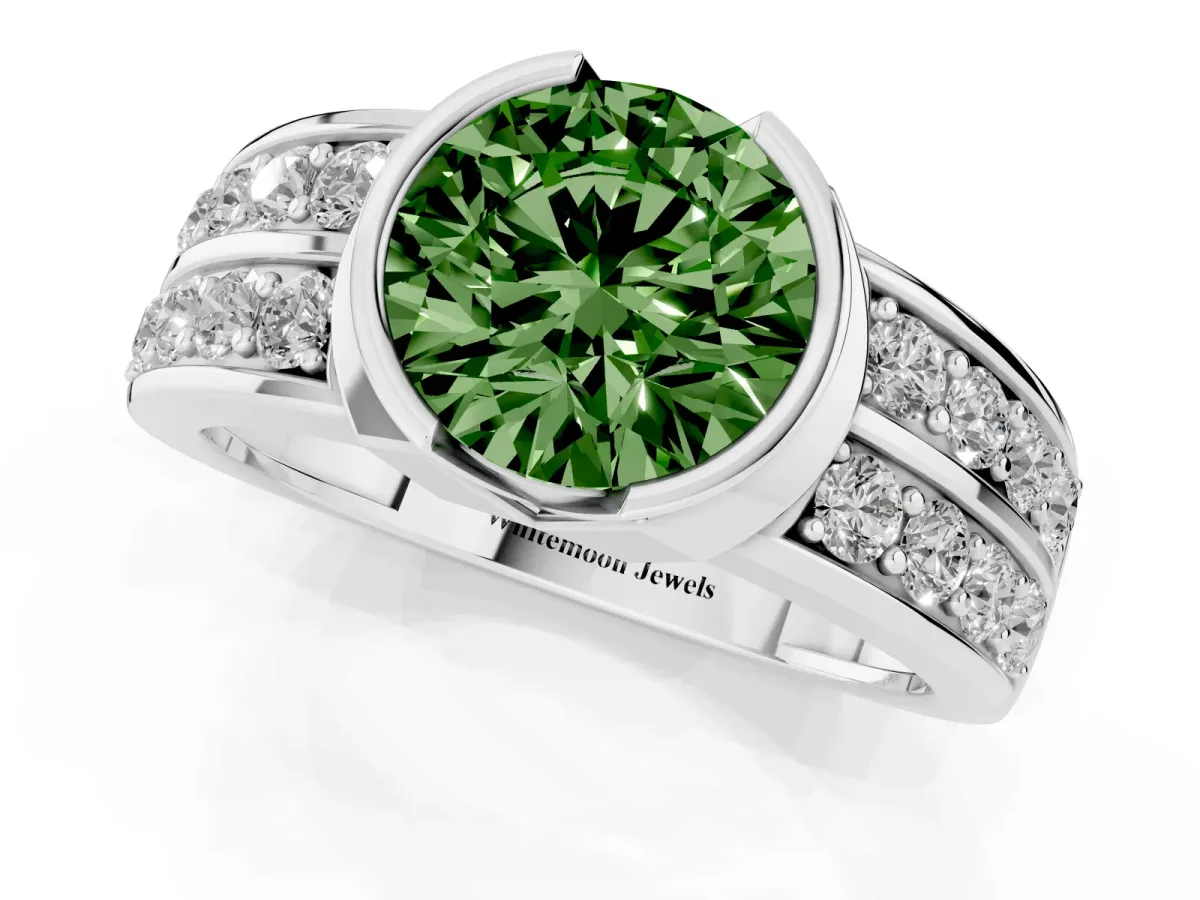 Fancy Green Round Cut Brilliant Diamond Channel Set Wide Band Ring with Bezel Setting Platinum