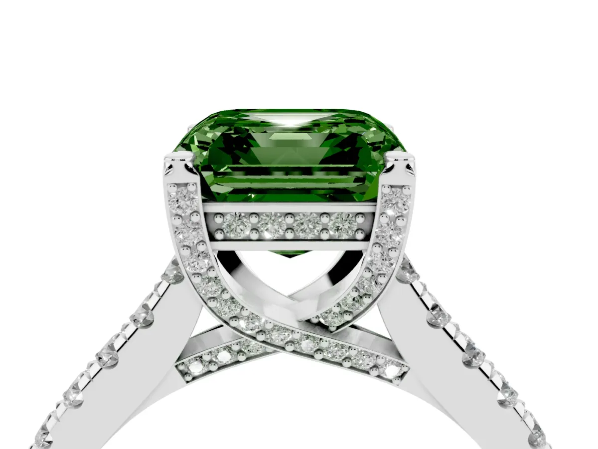 Fancy Green Asscher Cut Brilliant Diamond Solitaire with Pavé Band and Four-Prong Setting Silver