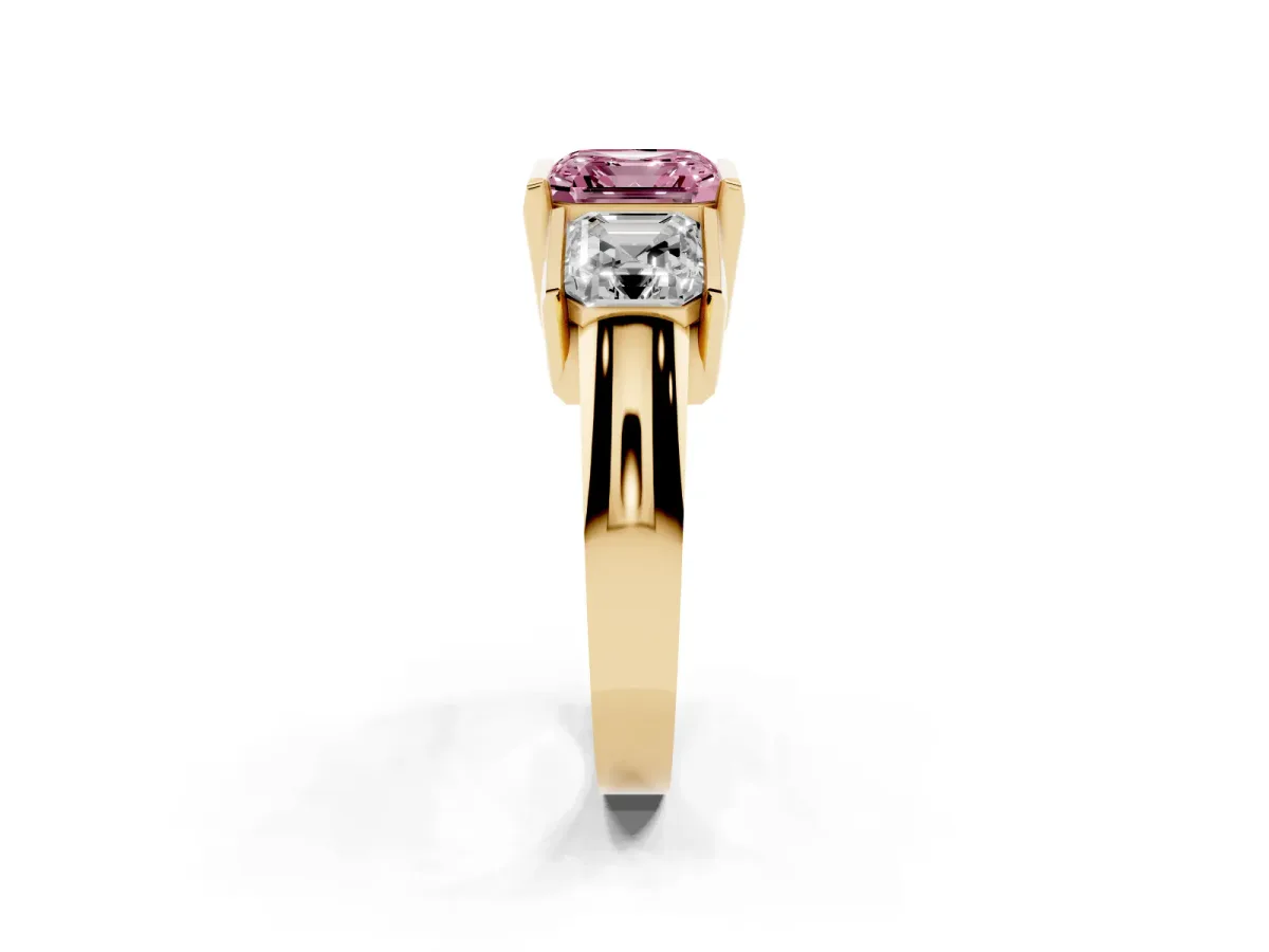 Fancy Pink Three Stone Asscher Cut Cut Channel Set Diamond Ring Yellow gold