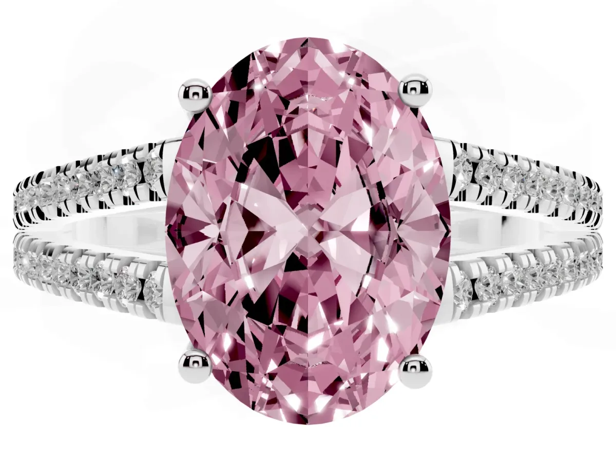 Fancy Pink Oval Cut Diamond Solitaire Engagement Ring with Split Shank Pavé Band Silver