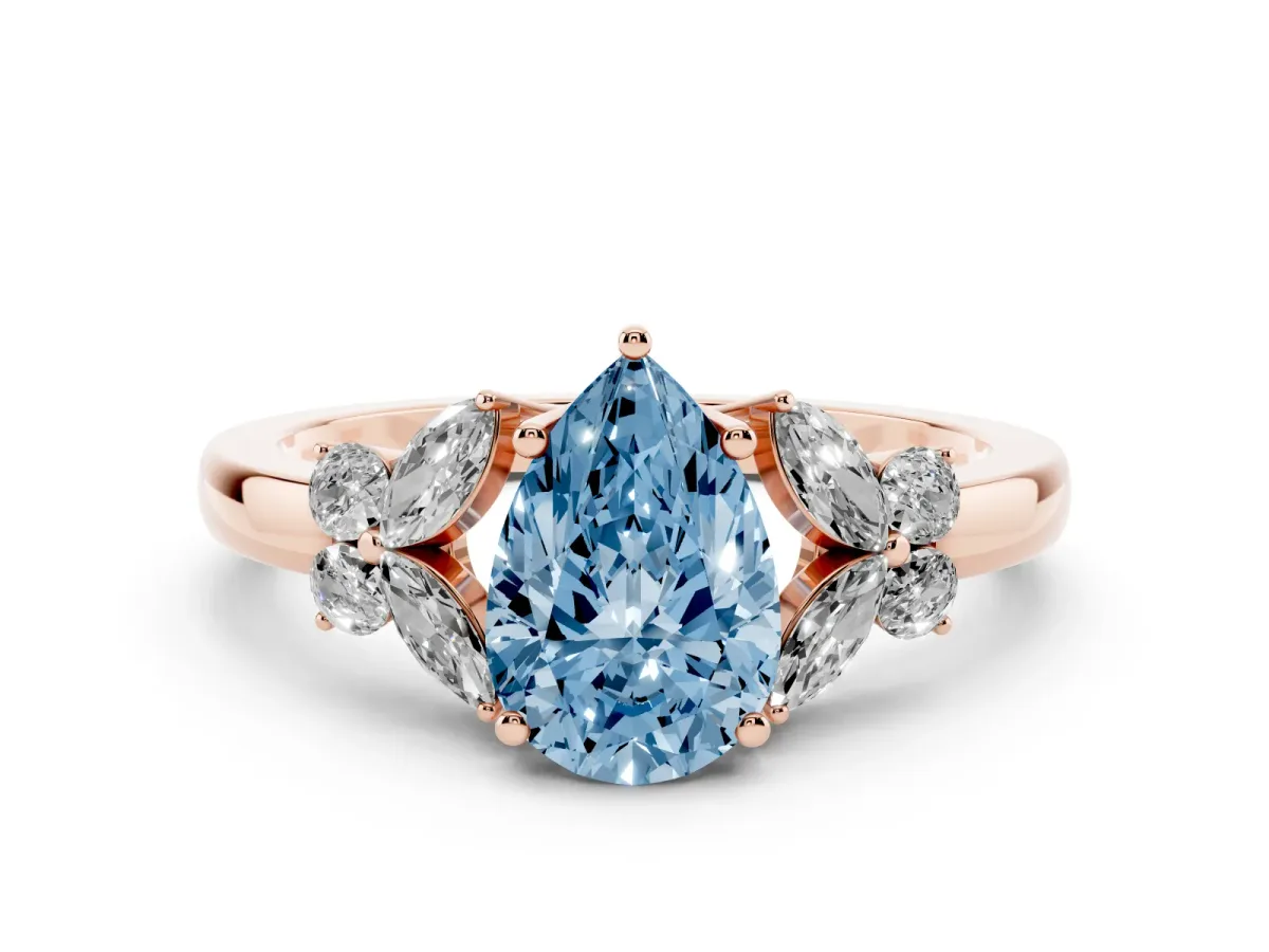 Fancy Blue Pear Cut Cut Solitaire Floral Diamond Ring with Four-Prong Setting Rose gold