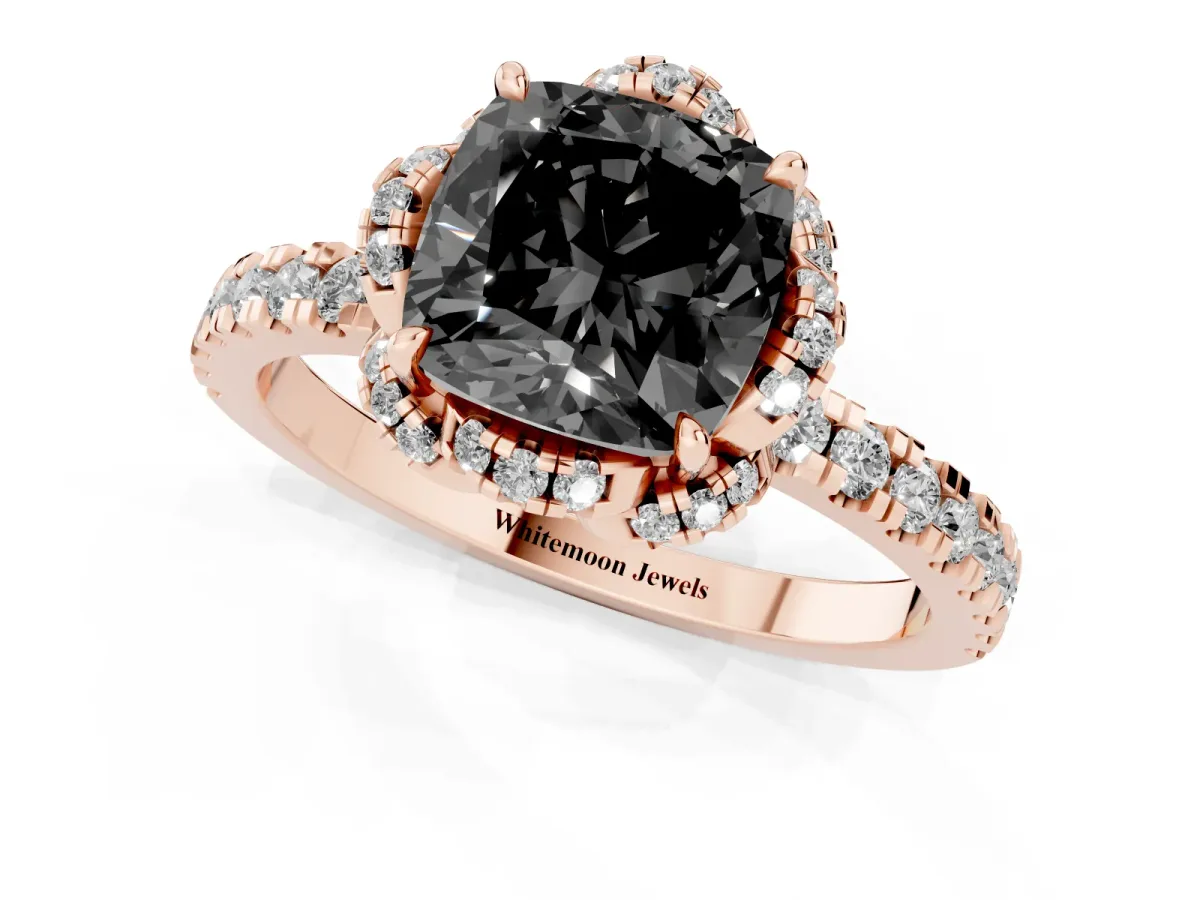 Fancy Black Cushion Cut Diamond Halo Pave Band with Four-Prong Setting Rose gold