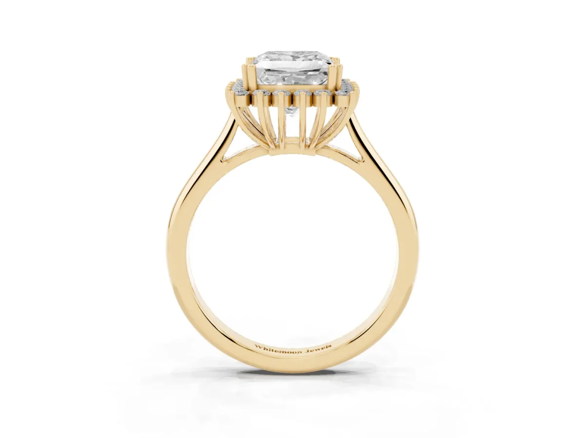 Princess Cut Cut Diamond Halo Ring with Solitaire Band and Prong Setting Yellow gold