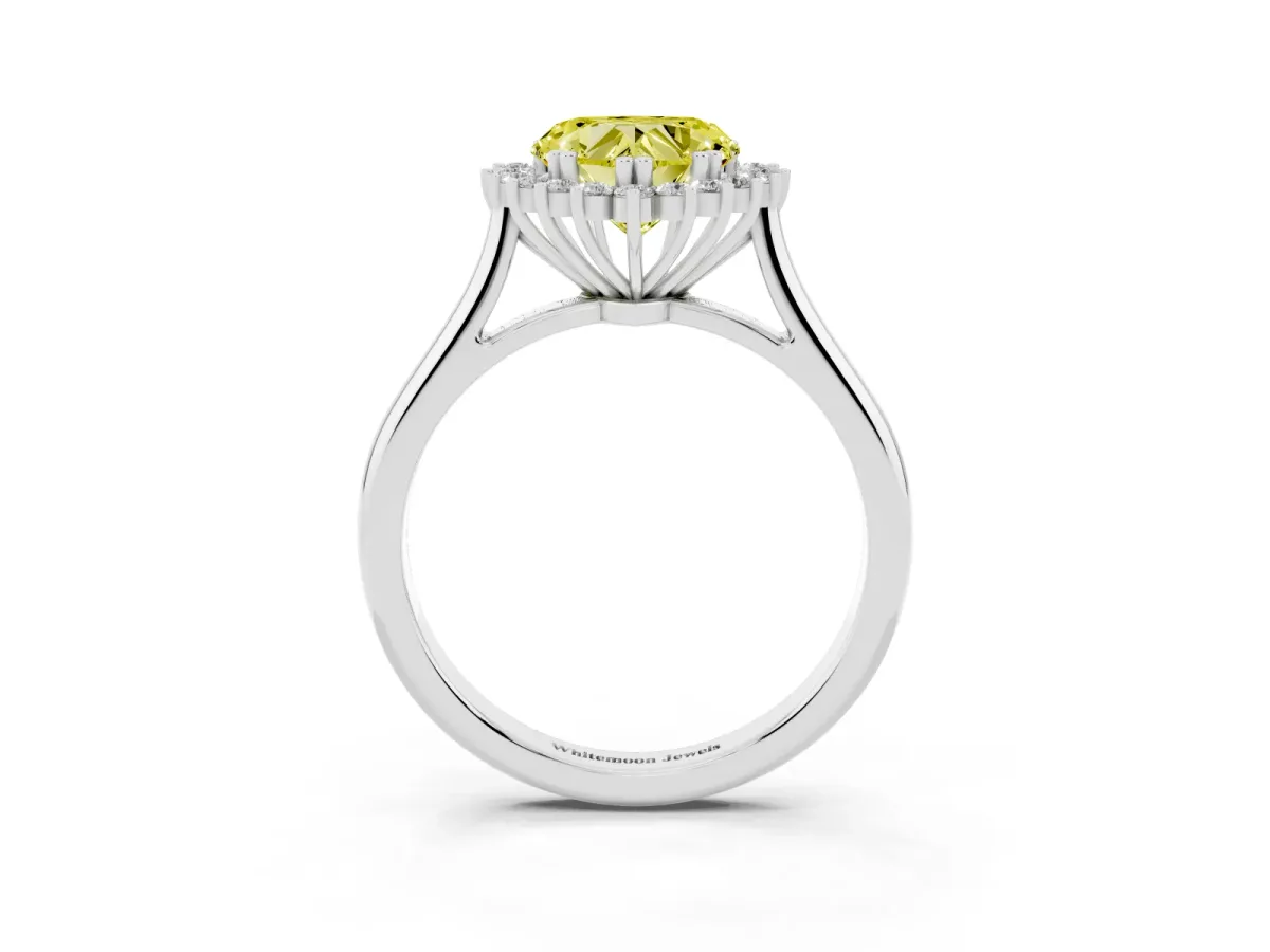 Fancy Yellow Heart Cut Cut Diamond Halo Ring with Solitaire Band and Prong Setting White gold