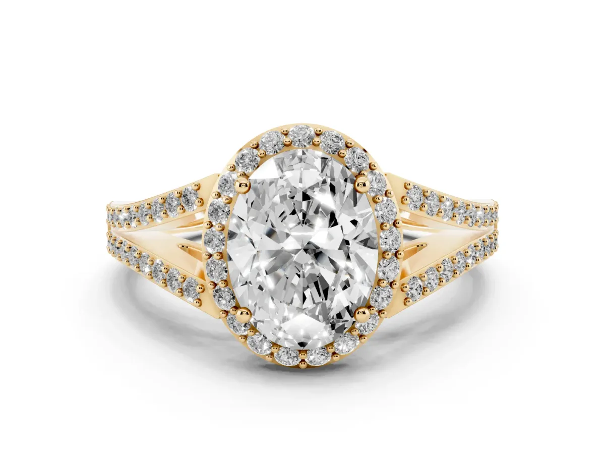 Oval Cut Halo Split Shank Diamond Ring with Prong Setting Yellow gold