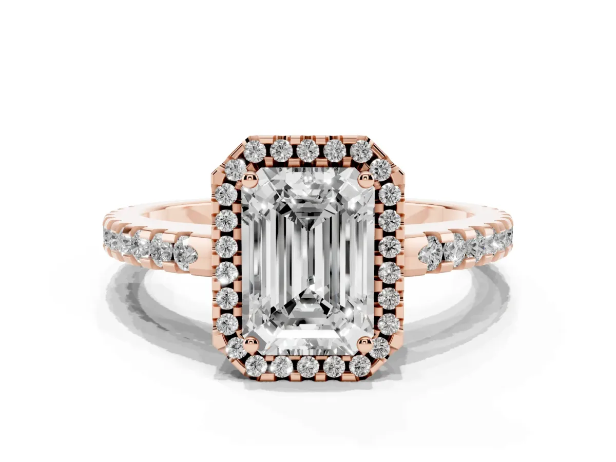 Emerald Cut Diamond Halo Engagement Ring with Pavé Band and Prong Setting Rose gold