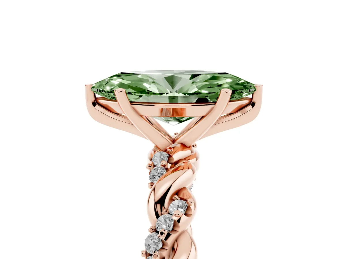 Fancy Green Marquise Cut Diamond Solitaire Ring with Twisted Band and Pavé Accents Rose gold
