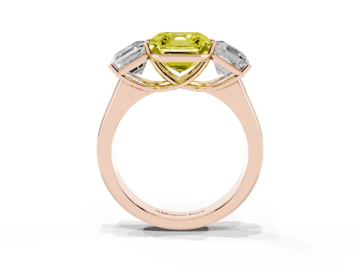 Fancy Yellow Asscher Cut Three-Stone Diamond Ring with Prong Setting on a Classic Band Rose gold