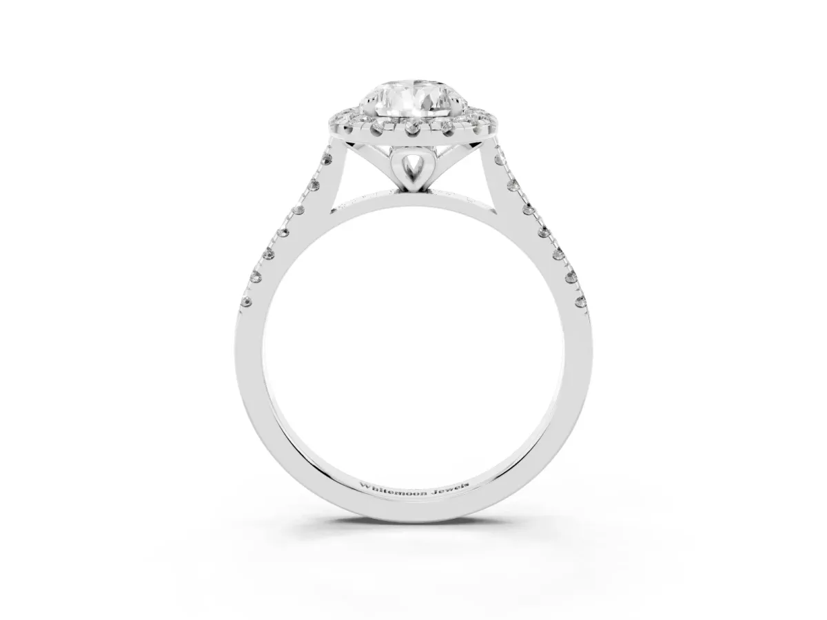 Pear Cut Diamond Cushion Halo Ring with Pavé Band Silver