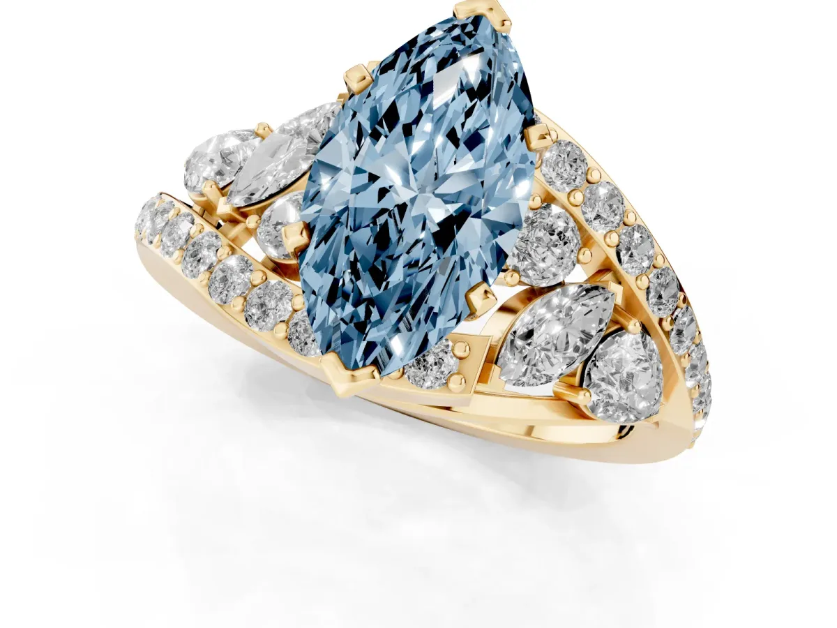 Fancy Blue Marquise Cut Diamond Halo Ring with Marquise and Pavé Band in Prong Setting Yellow gold