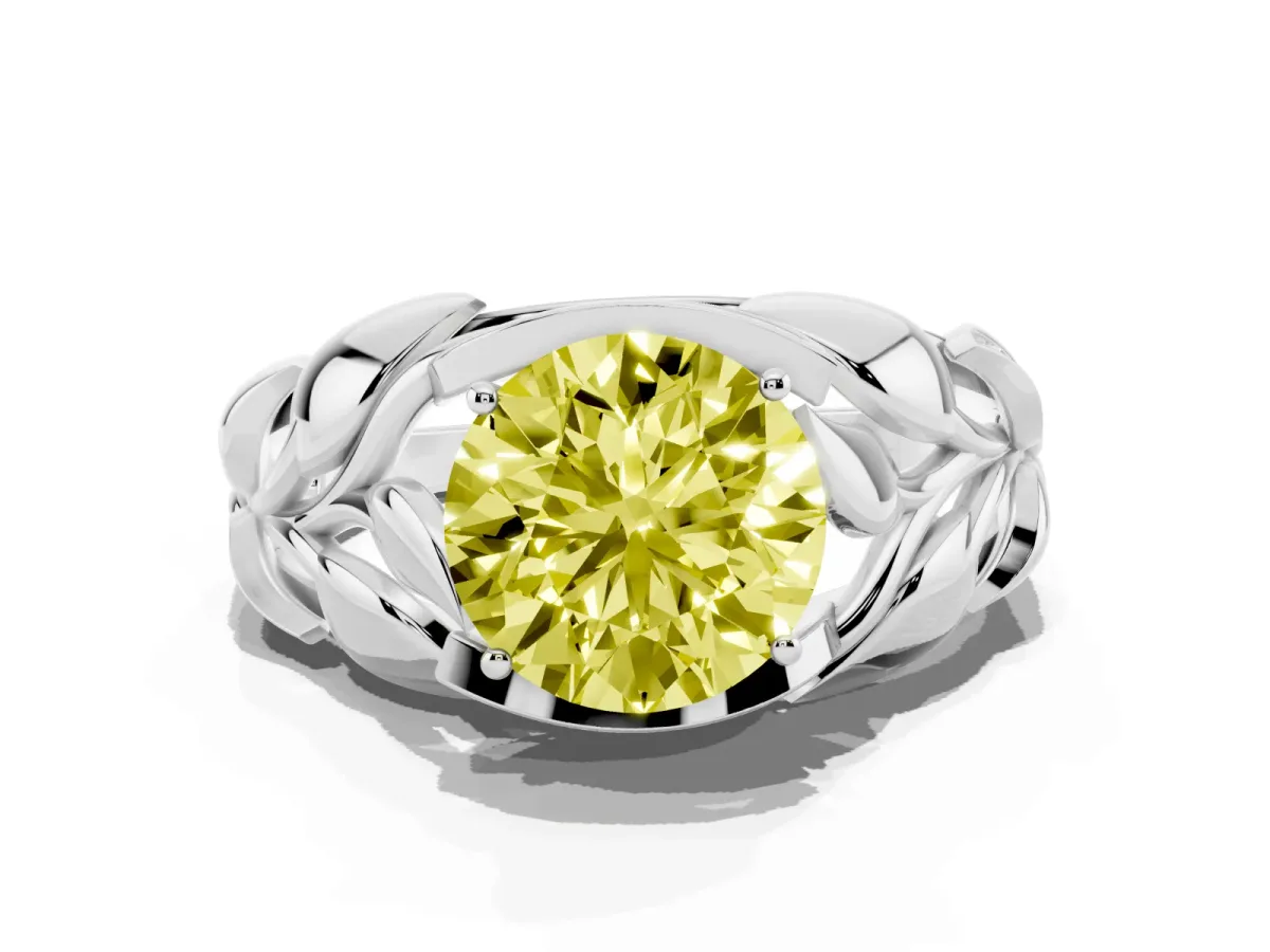 Fancy Yellow Round Cut Diamond Leaf-Inspired Engagement Ring with Round Accents and Prong Setting Platinum