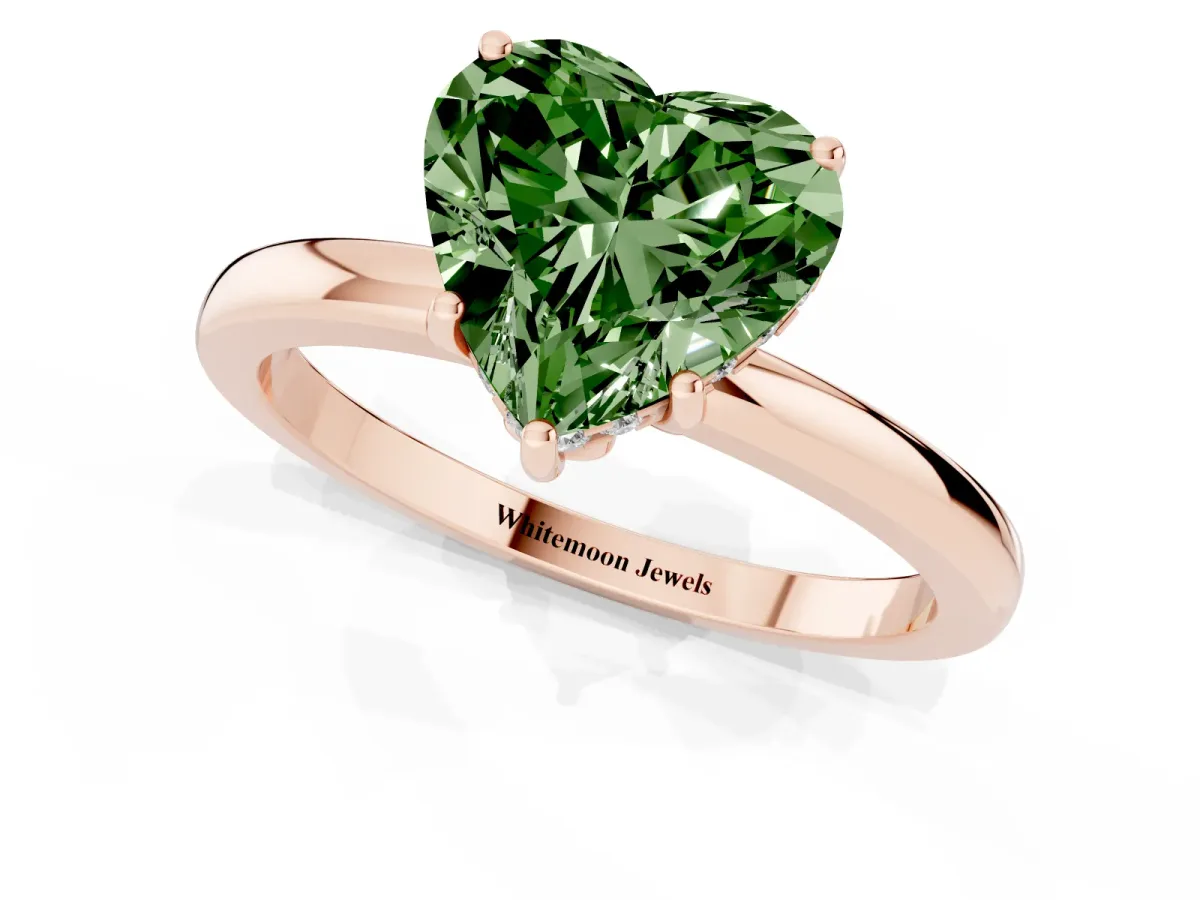 Fancy Green Heart Cut Solitaire Diamond Ring with Prong Setting and Plain Band Rose gold
