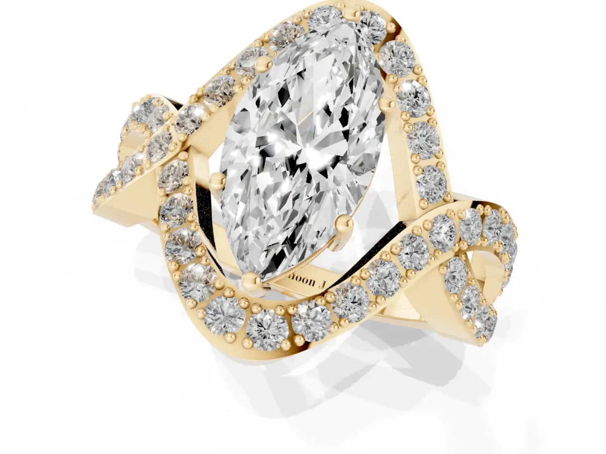 Marquise Cut Solitaire Twist Band Pavé Diamond Engagement Ring Yellow gold
