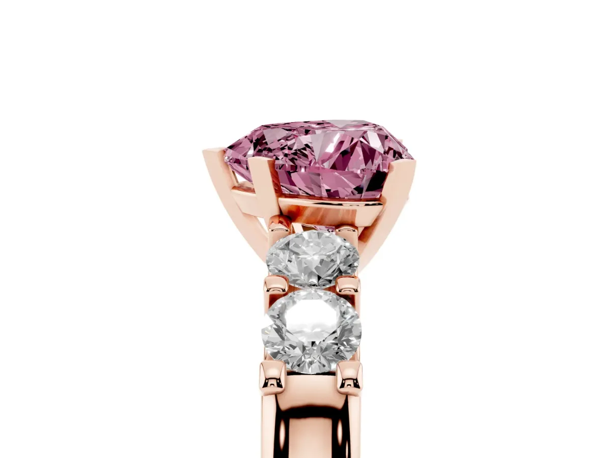 Fancy Pink Heart Cut Brilliant Cut Diamond Five-Stone Prong Set Engagement Ring with Channel Band Rose gold