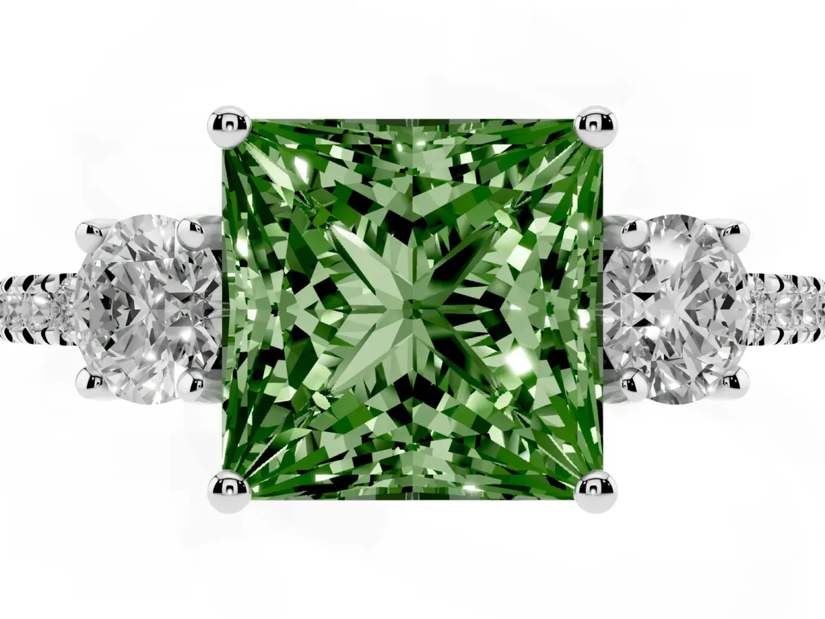 Fancy Green Three-Stone Princess Cut Cut Diamond Pavé Band with Prong Setting Silver